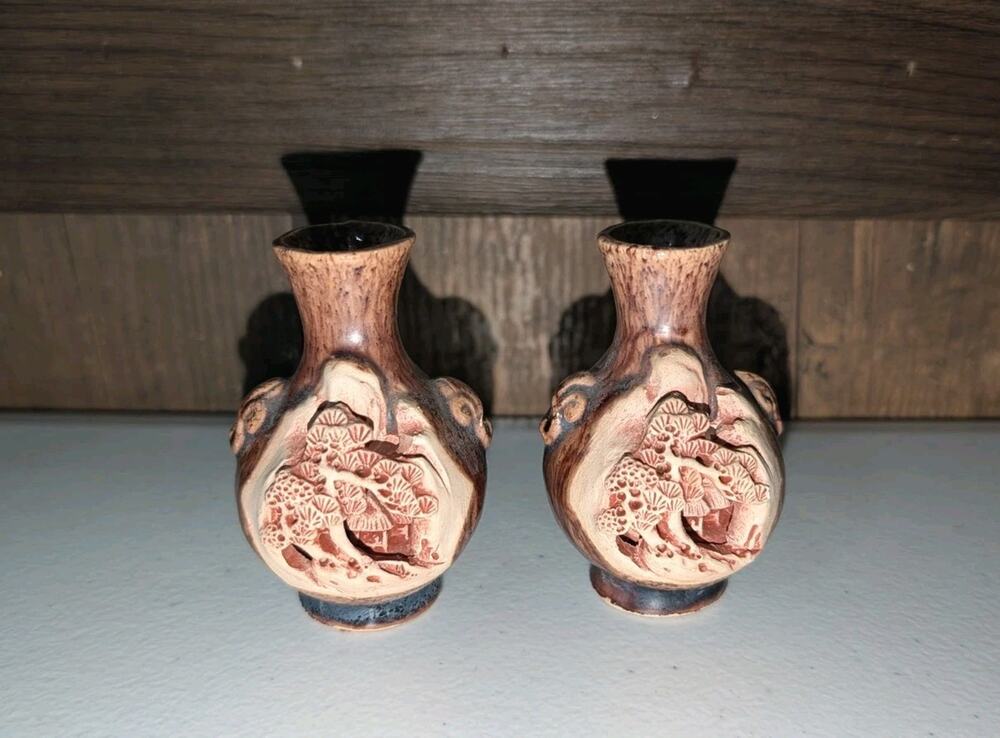 Vintage Japanese Banko Ware Mini Vases Pair Hand Carved 3D Relief Clay Pottery